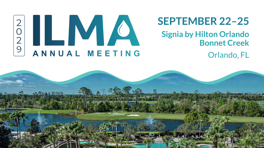 ILMA Annual Meeting banner with dates Sept. 22–25 at Signia by Hilton Orlando Bonnet Creek, Orlando, FL, and a tropical resort landscape beneath.
