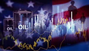 Oil barrels with stock charts overlaid against an American flag, depicting energy and market trends in the U.S.