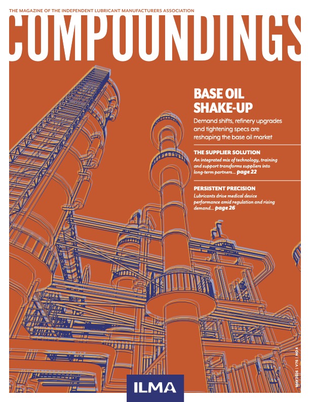 Cover of Compounding magazine featuring an orange industrial refinery illustration with blue outline accents and the ILMA logo at the bottom.