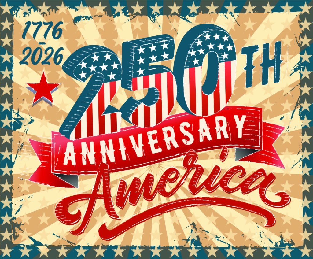 Celebration poster announcing the 250th anniversary of America (1776–2026) with stars and stripes design in red, white, and blue