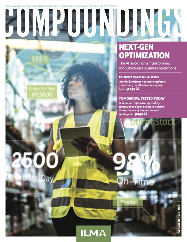 Cover of Compounding magazine: a woman in a high-visibility vest stands in a warehouse, tablet in hand, with data graphics and a purple feature box reading 'Next-Gen Optimization' on the background shelves.